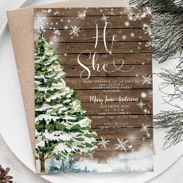 Wood He or she Evergreen Winter Gender Reveal Einladung