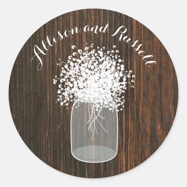 Wood Inspiriert Mason Jar Gipskraut Wedding Runder Aufkleber (Vorderseite)