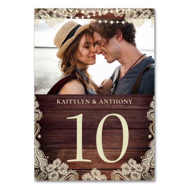 Wood Ivory Lace Foto Wedding Tischnummer Sign (Vorderseite)