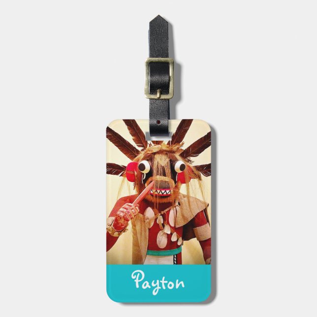 Wood kachina Puppe Foto fett individuelle Name Skr Gepäckanhänger (Vorderseite vertikal)