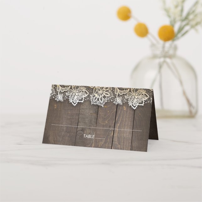 Wood Lace Mason Jar Lights Rustikal Platzkarte (Vorderseite)
