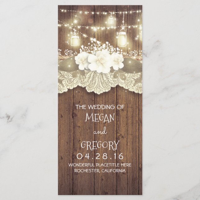 Wood Lace String Lights Mason Jars Wedding Program Programm (Vorderseite)