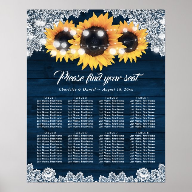 Wood Lace Sunflower Navy Blue  Seating Chart Poster (Vorne)