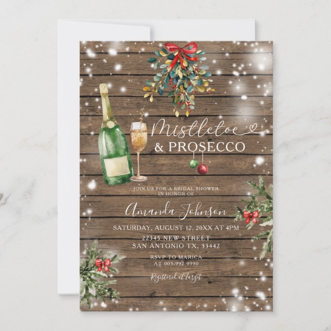 Wood Mistletoe Prosecco Weihnachtsgebäck Brautpart Einladung (Vorderseite)