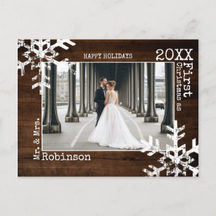 Wood Newlyweds First Christmas Foto Snowflakes Feiertagspostkarte
