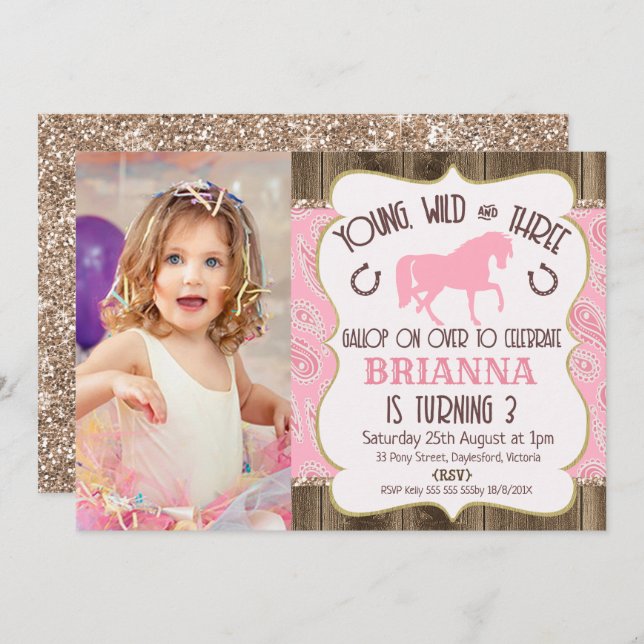 Wood Paisley Glitzer Horse 3. Geburtstag Einladung (Vorne/Hinten)