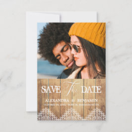 Wood Photo Lace Effect Whimsical Typography Save The Date