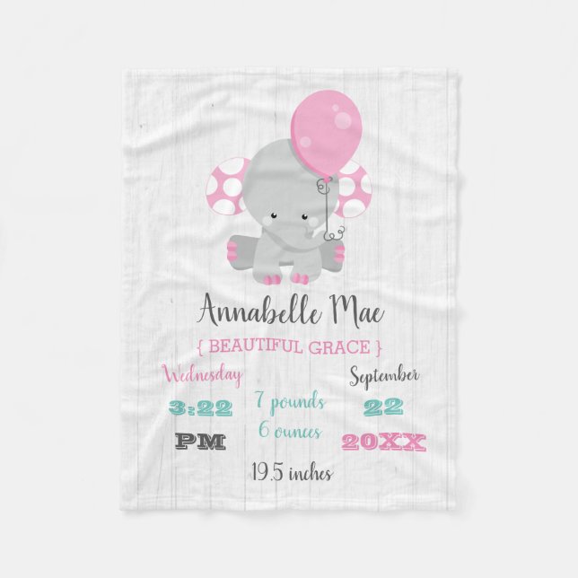 Wood Pink Elephant Girl Baby Birth Stats Fleecedecke (Vorderseite)