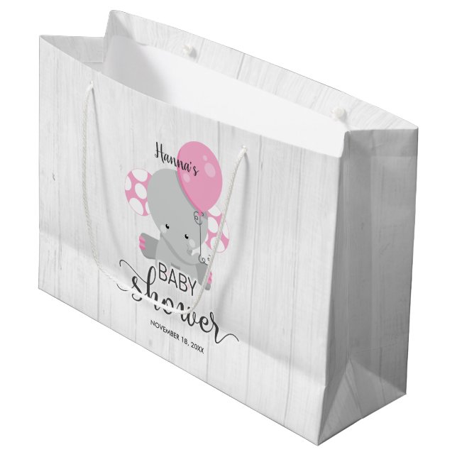Wood & Pink Elephant Girl Baby Dusche Große Geschenktüte (Vorderseite Schrägansicht)