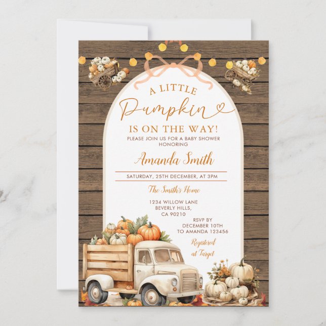 Wood Pumpkin Truck ist auf dem Weg Baby Shower Fal Einladung (Vorderseite)