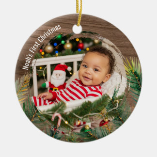 Wood Rustic Pine Baby's First Christmas Keramik Ornament