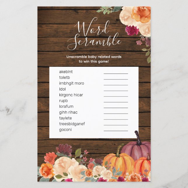 Wood Rustic Pumpkin Floral Word Scramble Game (Vorderseite)