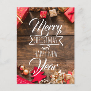 Wood Rustic Red Gold White Typografy Weihnachten Postkarte