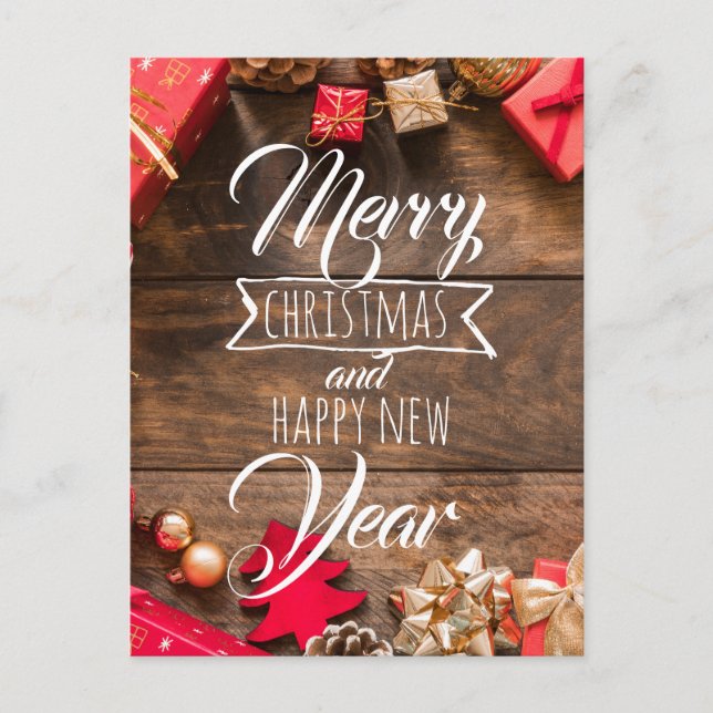 Wood Rustic Red Gold White Typografy Weihnachten Postkarte (Vorderseite)