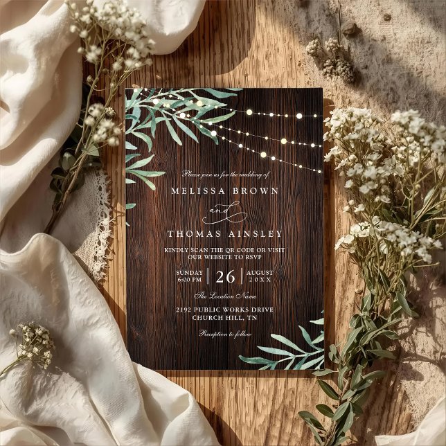 Wood Rustic String Light Country QR Code Wedding Einladung (Von Creator hochgeladen)