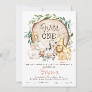 Wood Slice Foliage Girls Safari Erster Geburtstag Einladung