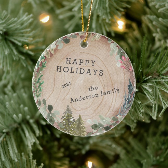 Wood Slice Happy Holidays Foto Keramik Ornament (Baum)