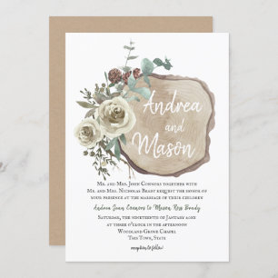 Wood Slice Natural Rose und Eukalyptus Wedding Einladung