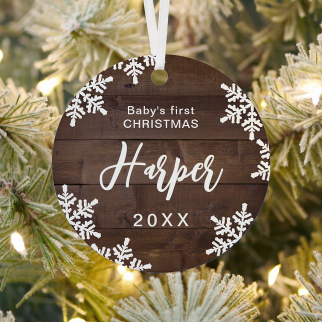 Wood Snowflakes Baby's erster Weihnachtsskriptname Ornament Aus Metall (InSitu)