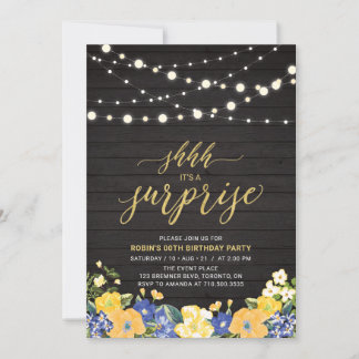 Wood & String Lights Gold Überraschung Geburtstags Einladung