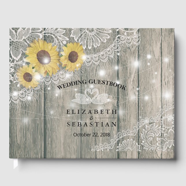Wood Sunflower Lace String Light Wedding Gästebuch (Vorderseite)