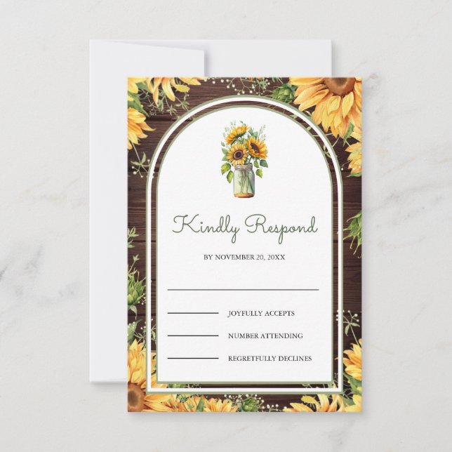 Wood Sunflowers Mason Jar Arch Wedding RSVP Karte (Vorderseite)