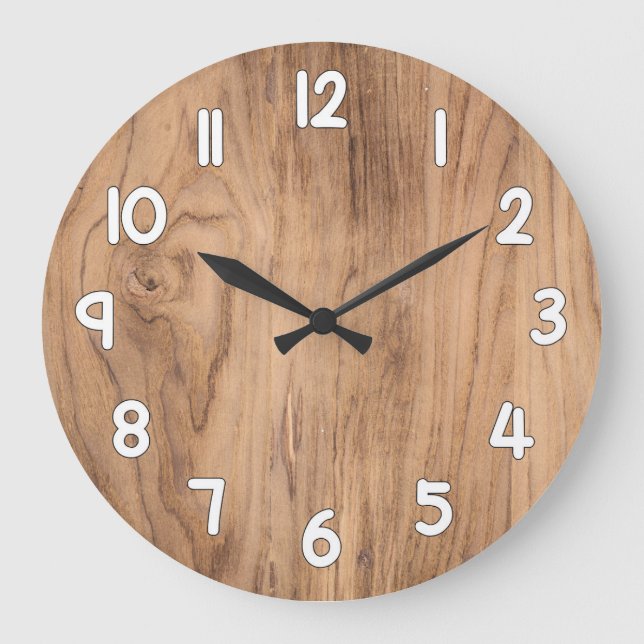 Wood Texture Wall Clock – Natural Rustic Home Deco Große Wanduhr (Vorderseite)