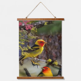 Wood Topped Wall Tapestry Golden Songbirds and Red Wandteppich Mit Holzrahmen