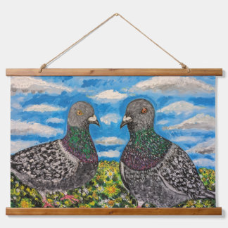 Wood Topped Wall Tapestry of two pigeons Wandteppich Mit Holzrahmen