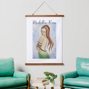 Wood Topped Watercolor Mermaid Wall Tapestry Wandteppich Mit Holzrahmen