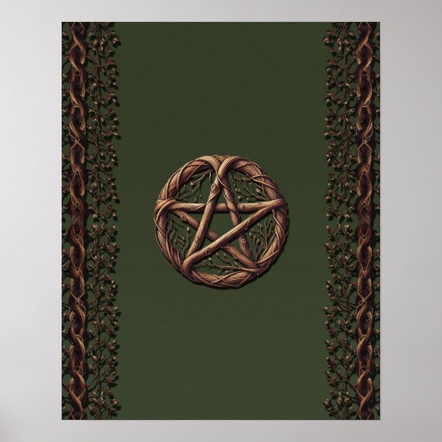 Wood Twig Pentagramm Olive Green Wiccan Poster (Vorne)