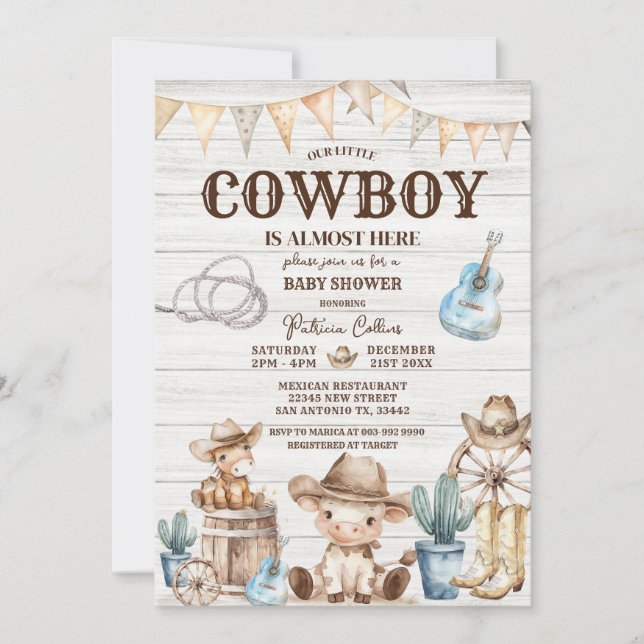 Wood Unsere kleine Cowboy Wild West Boy Baby Dusch Einladung (Vorderseite)