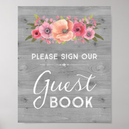 Wood Watercolor Floral Guest Book Wedding Sign Poster