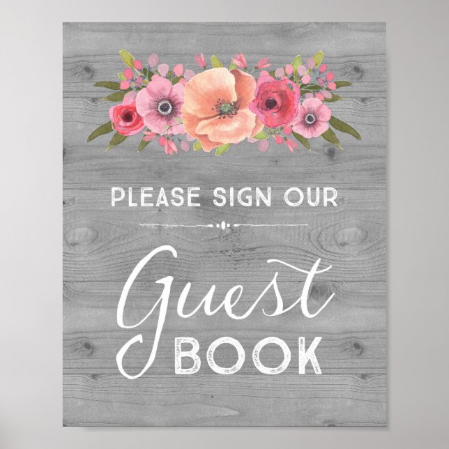 Wood Watercolor Floral Guest Book Wedding Sign Poster (Vorne)