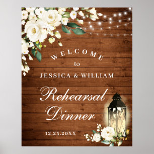 Wood & White Roses  Floral Rehearsal Dinner Sign Poster