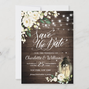 Wood & White Roses & Lantern Wedding speichern das Einladung