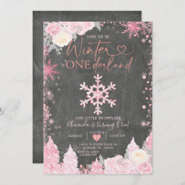 Wood Winter Onederland Pink Snowflake Geburtstag Einladung