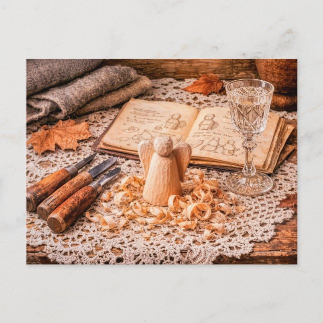 Woodcarving Angel in Progress with Tools and Shavi Postkarte (Vorderseite)