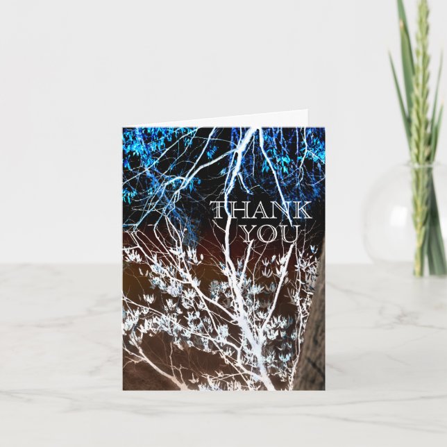 Woodcut Style Blue & Brown Wedding Thank You Cards Dankeskarte (Vorderseite)