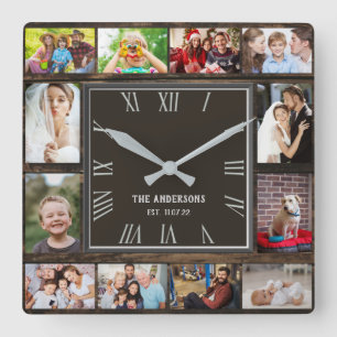 Wooden 12 family photo collage roman numerals quadratische wanduhr
