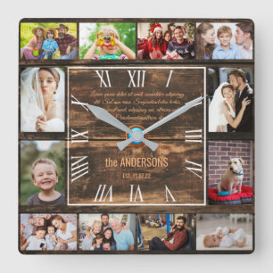 Wooden 12 family photo collage roman numerals  squ quadratische wanduhr