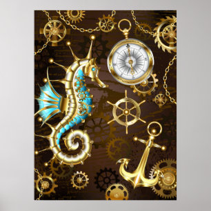 Wooden Background with Mechanical Seahorse Poster