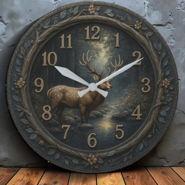  Wooden forest Rustic deer Große Wanduhr (Von Creator hochgeladen)