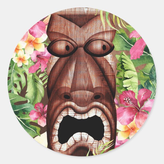 Wooden Hawaiian Tiki Luau Summer Gastgeschenk Runder Aufkleber (Vorderseite)