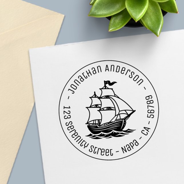 Wooden Sailing Ship Galleon Sea Round Address Permastempel (Von Creator hochgeladen)