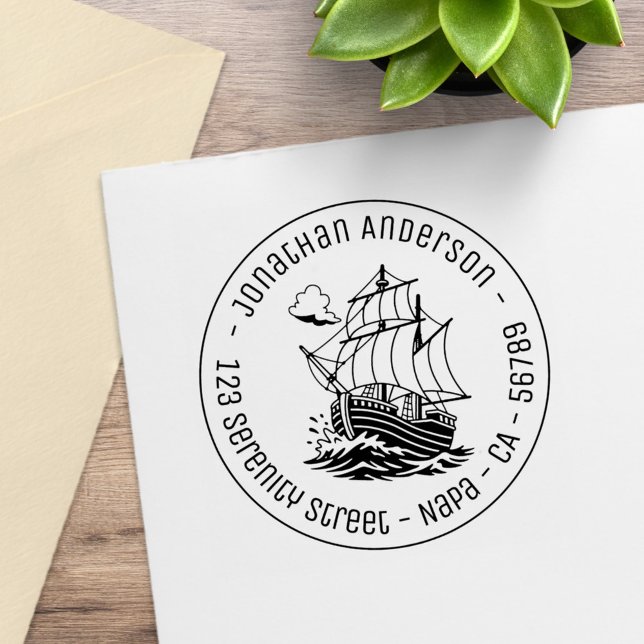 Wooden Sailing Ship Stormy Sea Round Address Gummistempel (Von Creator hochgeladen)