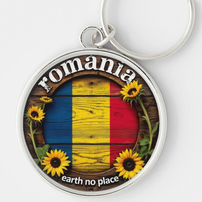 Wooden sign with sunflowers and flag of Romania Schlüsselanhänger (Vorne)