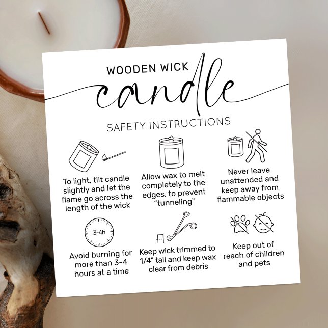 Wooden Wick Candle Care Thank You Card Elegant Quadratische Visitenkarte (Wooden wick candle care instructions cards with icons, elegant script font and minimalist aesthetic)