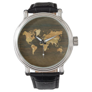 Wooden World Map Armbanduhr