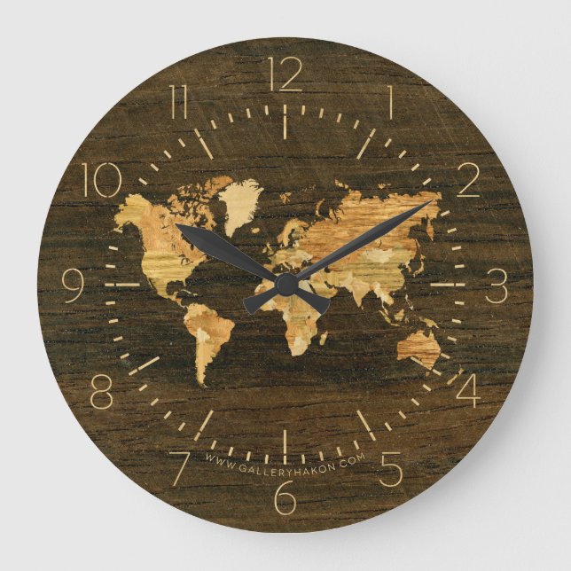Wooden World Map Große Wanduhr (Vorderseite)